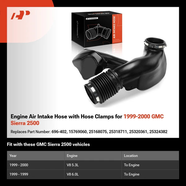 Engine Air Intake Hose with Hose Clamps for 1999-2000 GMC Sierra 2500