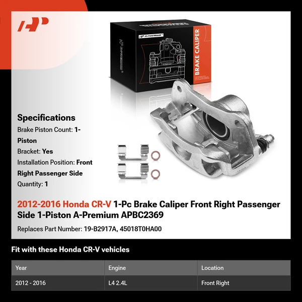 2012-2016 Honda CR-V 1-Pc Brake Caliper Front Right Passenger Side 1-Piston A-Premium APBC2369