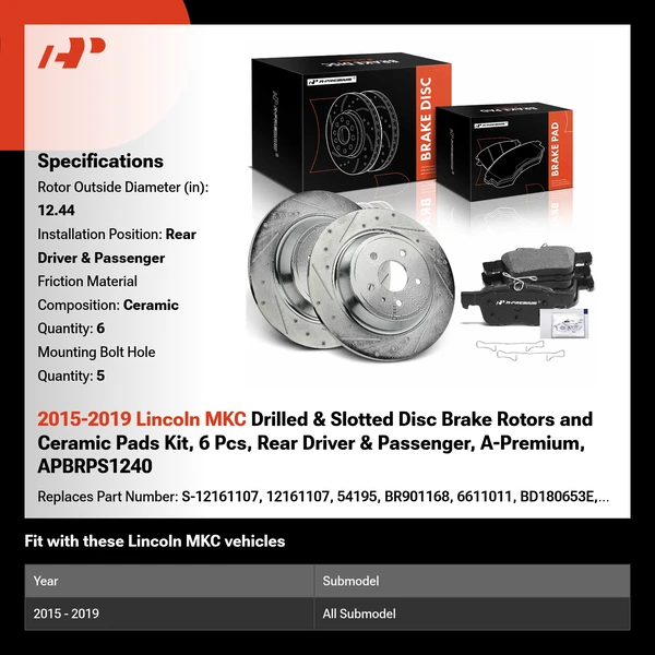 2015-2019 Lincoln MKC Drilled & Slotted Disc Brake Rotors and Ceramic Pads Kit, 6 Pcs, Rear Driver & Passenger, A-Premium, APBRPS1240
