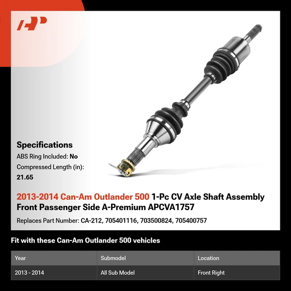 2013-2014 Can-Am Outlander 500 1-Pc CV Axle Shaft Assembly Front Passenger Side A-Premium APCVA1757