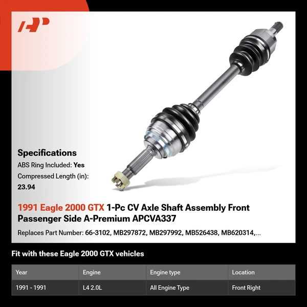 1991 Eagle 2000 GTX 1-Pc CV Axle Shaft Assembly Front Passenger Side A-Premium APCVA337