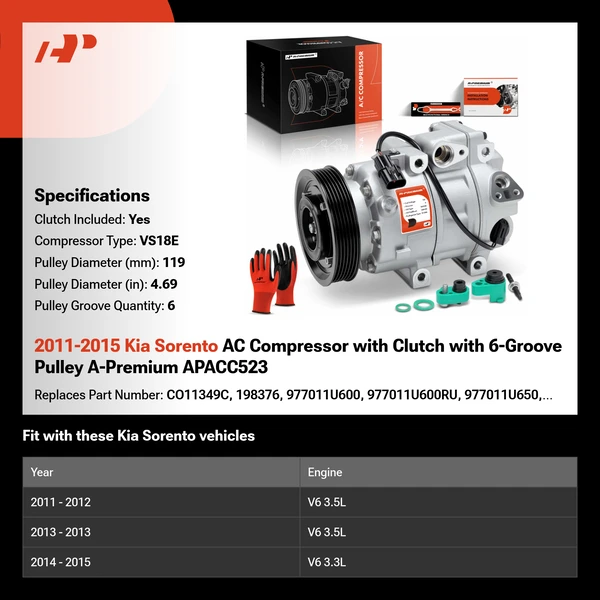 2011-2015 Kia Sorento AC Compressor with Clutch with 6-Groove Pulley A-Premium APACC523