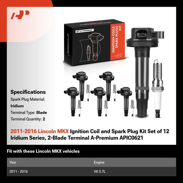 2011-2016 Lincoln MKX Ignition Coil and Spark Plug Kit Set of 12 Iridium Series, 2-Blade Terminal A-Premium APIC0621