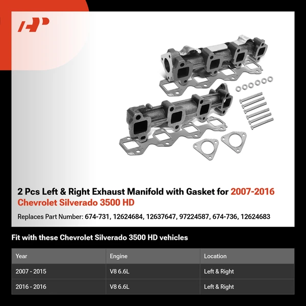 2 Pcs Left & Right Exhaust Manifold with Gasket for 2007-2016 Chevrolet Silverado 3500 HD