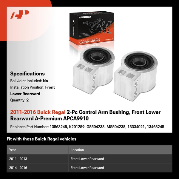 2011-2016 Buick Regal 2-Pc Control Arm Bushing, Front Lower Rearward A-Premium APCA9910