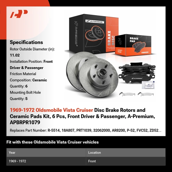 1969-1972 Oldsmobile Vista Cruiser Disc Brake Rotors and Ceramic Pads Kit, 6 Pcs, Front Driver & Passenger, A-Premium, APBRPR1079