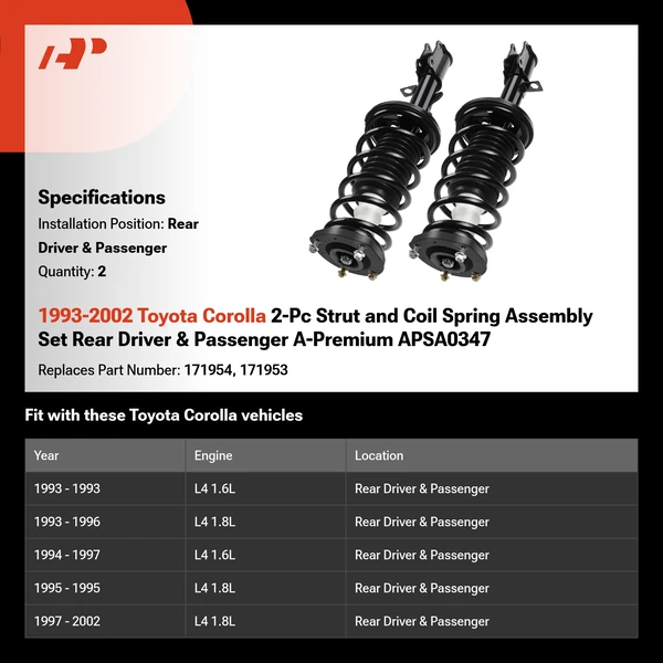 1993-2002 Toyota Corolla 2-Pc Strut and Coil Spring Assembly Set Rear Driver & Passenger A-Premium APSA0347