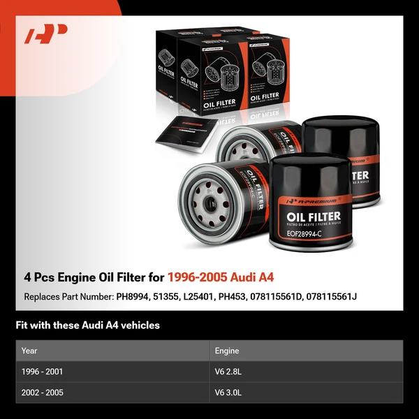 4 Pcs Engine Oil Filter for 1996-2005 Audi A4