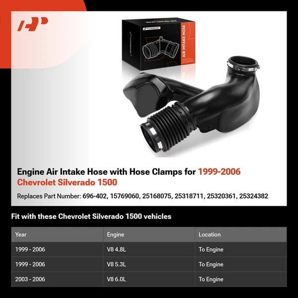 Engine Air Intake Hose with Hose Clamps for 1999-2006 Chevrolet Silverado 1500