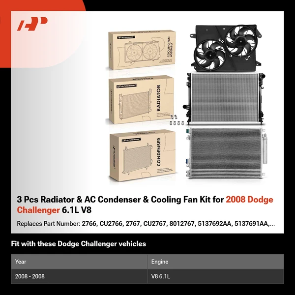 3 Pcs Radiator & AC Condenser & Cooling Fan Kit for 2008 Dodge Challenger 6.1L V8