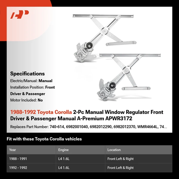 1988-1992 Toyota Corolla 2-Pc Manual Window Regulator Front Driver & Passenger Manual A-Premium APWR3172