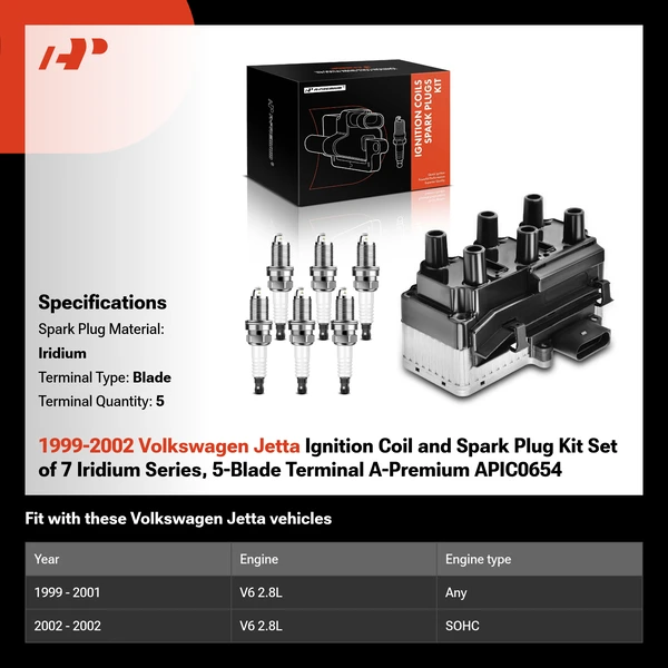 1999-2002 Volkswagen Jetta Ignition Coil and Spark Plug Kit Set of 7 Iridium Series, 5-Blade Terminal A-Premium APIC0654