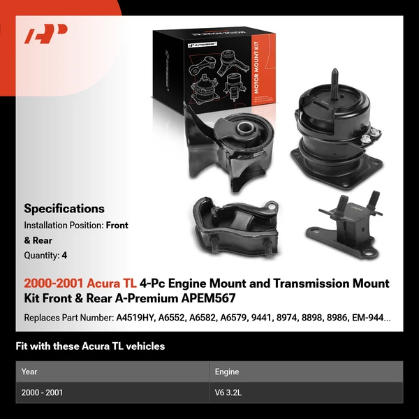 2000-2001 Acura TL 4-Pc Engine Mount and Transmission Mount Kit Front & Rear A-Premium APEM567