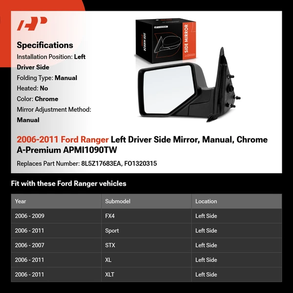 2006-2011 Ford Ranger Left Driver Side Mirror, Manual, Chrome A-Premium APMI1090TW