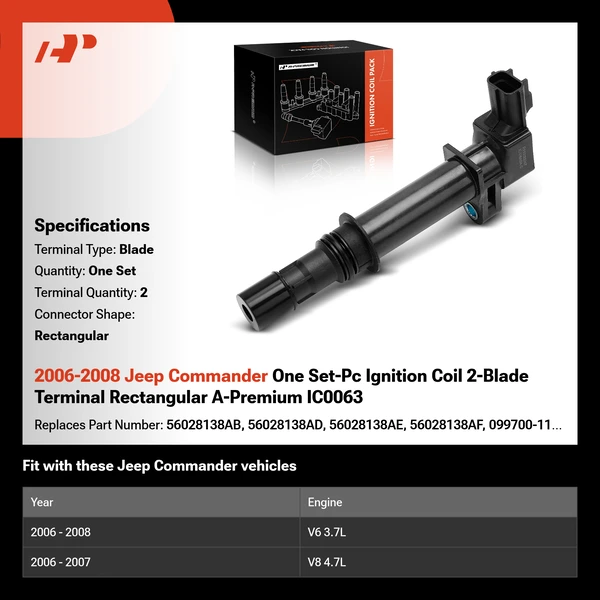 2006-2008 Jeep Commander One Set-Pc Ignition Coil 2-Blade Terminal Rectangular A-Premium IC0063