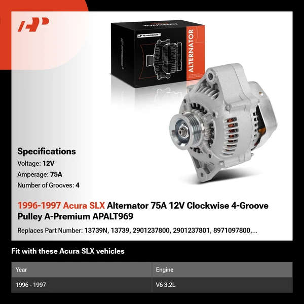 1996-1997 Acura SLX Alternator 75A 12V Clockwise 4-Groove Pulley A-Premium APALT969