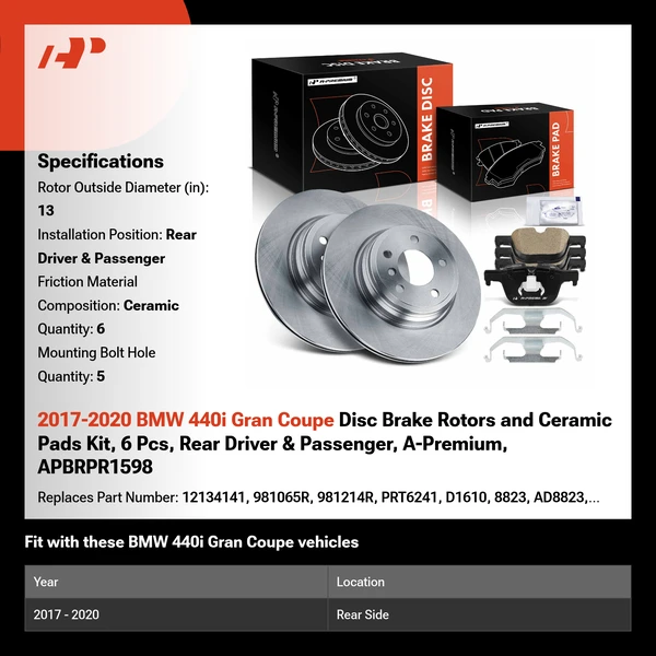 2017-2020 BMW 440i Gran Coupe Disc Brake Rotors and Ceramic Pads Kit, 6 Pcs, Rear Driver & Passenger, A-Premium, APBRPR1598