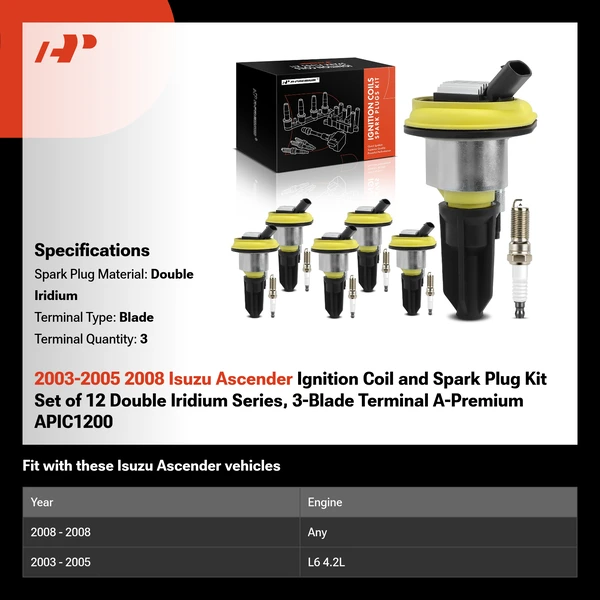2003-2005 2008 Isuzu Ascender Ignition Coil and Spark Plug Kit Set of 12 Double Iridium Series, 3-Blade Terminal A-Premium APIC1200