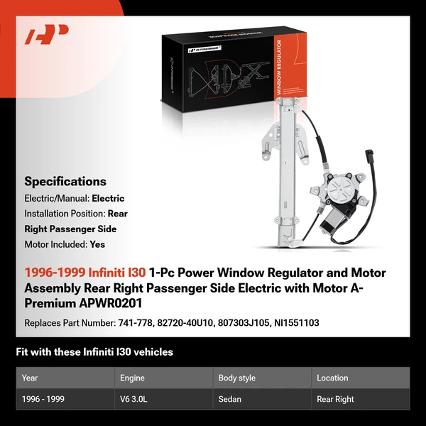 1996-1999 Infiniti I30 1-Pc Power Window Regulator and Motor Assembly Rear Right Passenger Side Electric with Motor A-Premium APWR0201