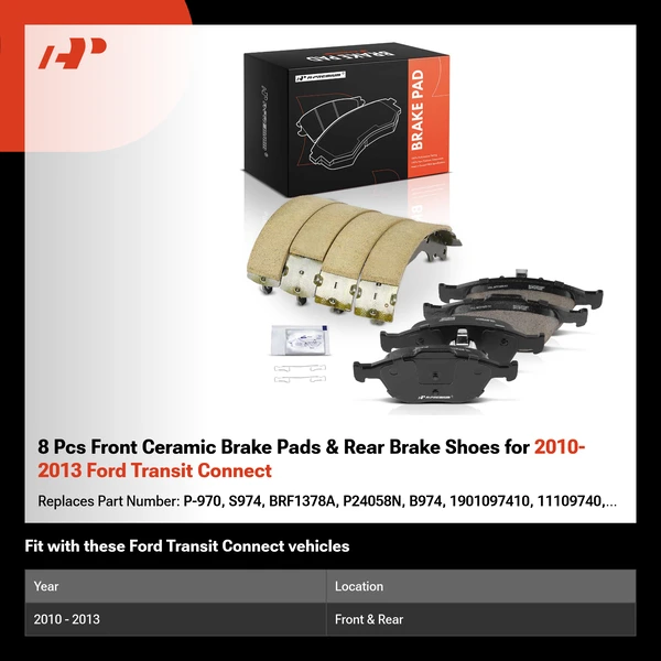 8 Pcs Front Ceramic Brake Pads & Rear Brake Shoes for 2010-2013 Ford Transit Connect
