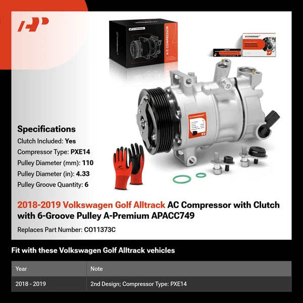 2018-2019 Volkswagen Golf Alltrack AC Compressor with Clutch with 6-Groove Pulley A-Premium APACC749