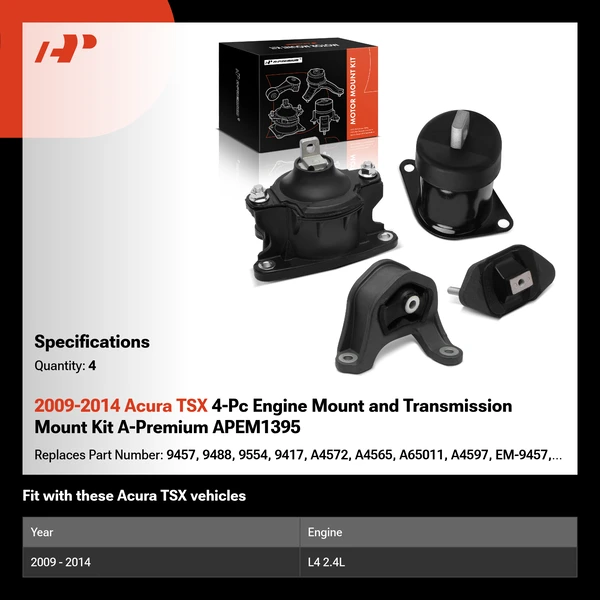 2009-2014 Acura TSX 4-Pc Engine Mount and Transmission Mount Kit A-Premium APEM1395