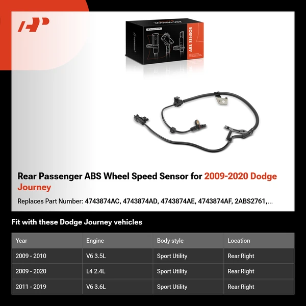 Rear Passenger ABS Wheel Speed Sensor for 2009-2020 Dodge Journey