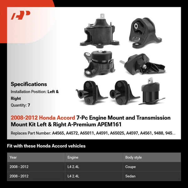2008-2012 Honda Accord 7-Pc Engine Mount and Transmission Mount Kit Left & Right A-Premium APEM161