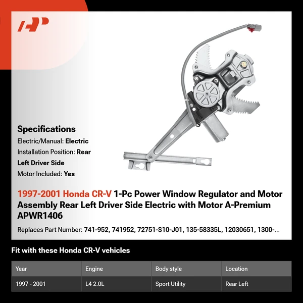 1997-2001 Honda CR-V 1-Pc Power Window Regulator and Motor Assembly Rear Left Driver Side Electric with Motor A-Premium APWR1406