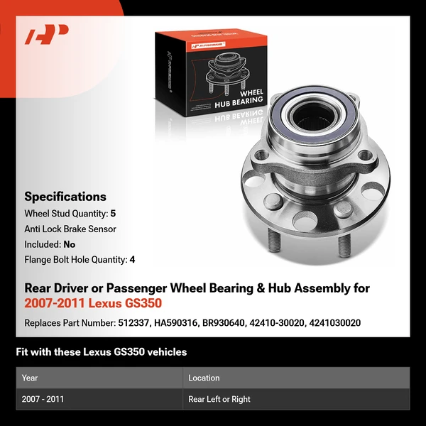 Rear Driver or Passenger Wheel Bearing & Hub Assembly for 2007-2011 Lexus GS350