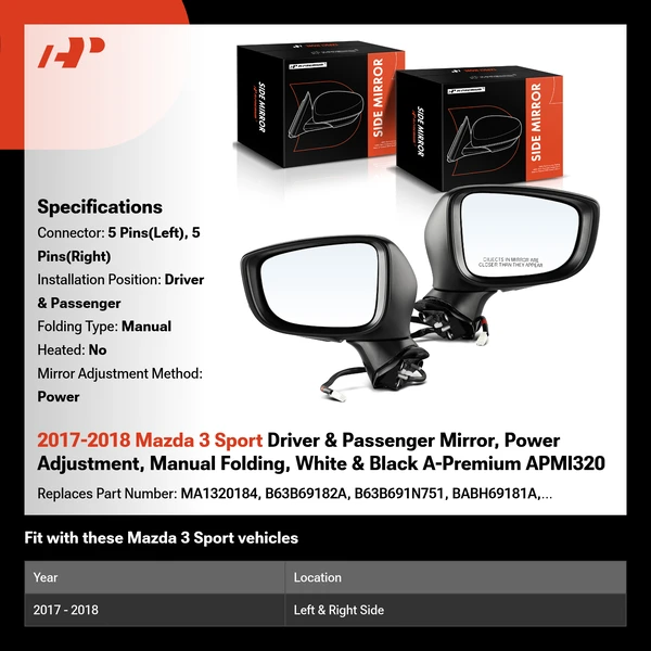 2017-2018 Mazda 3 Sport Driver & Passenger Mirror, Power Adjustment, Manual Folding, White & Black A-Premium APMI320
