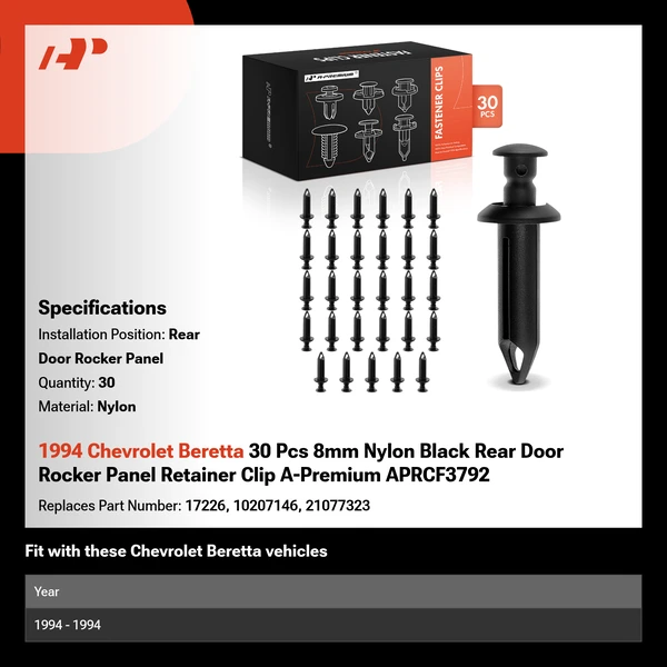 1994 Chevrolet Beretta 30 Pcs 8mm Nylon Black Rear Door Rocker Panel Retainer Clip A-Premium APRCF3792