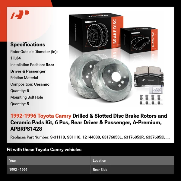 1992-1996 Toyota Camry Drilled & Slotted Disc Brake Rotors and Ceramic Pads Kit, 6 Pcs, Rear Driver & Passenger, A-Premium, APBRPS1428