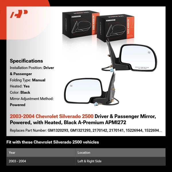 2003-2004 Chevrolet Silverado 2500 Driver & Passenger Mirror, Powered, with Heated, Black A-Premium APMI272