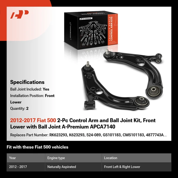 2012-2017 Fiat 500 2-Pc Control Arm and Ball Joint Kit, Front Lower with Ball Joint A-Premium APCA7140