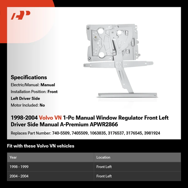 1998-2004 Volvo VN 1-Pc Manual Window Regulator Front Left Driver Side Manual A-Premium APWR2866