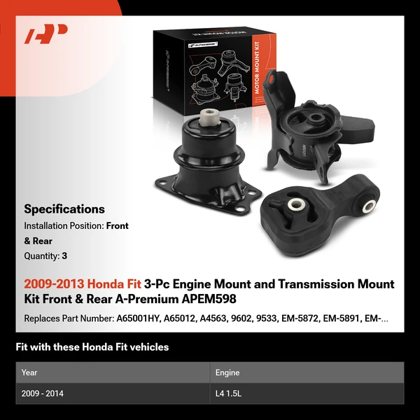 2009-2013 Honda Fit 3-Pc Engine Mount and Transmission Mount Kit Front & Rear A-Premium APEM598