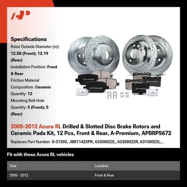 2005-2012 Acura RL Drilled & Slotted Disc Brake Rotors and Ceramic Pads Kit, 12 Pcs, Front & Rear, A-Premium, APBRPS672