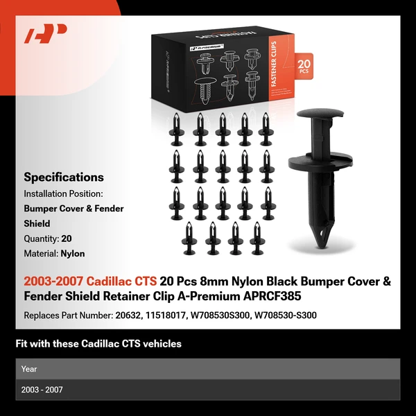 2003-2007 Cadillac CTS 20 Pcs 8mm Nylon Black Bumper Cover & Fender Shield Retainer Clip A-Premium APRCF385