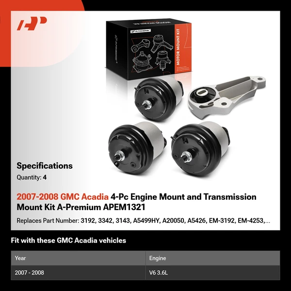 2007-2008 GMC Acadia 4-Pc Engine Mount and Transmission Mount Kit A-Premium APEM1321