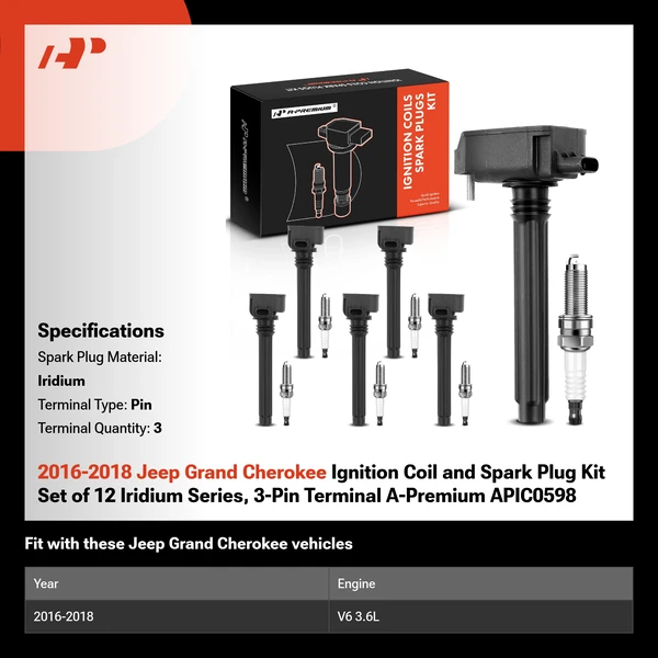 2016-2018 Jeep Grand Cherokee Ignition Coil and Spark Plug Kit Set of 12 Iridium Series, 3-Pin Terminal A-Premium APIC0598