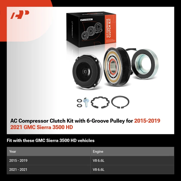 AC Compressor Clutch Kit with 6-Groove Pulley for 2015-2019 2021 GMC Sierra 3500 HD