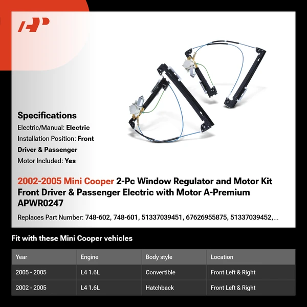 2002-2005 Mini Cooper 2-Pc Window Regulator and Motor Kit Front Driver & Passenger Electric with Motor A-Premium APWR0247