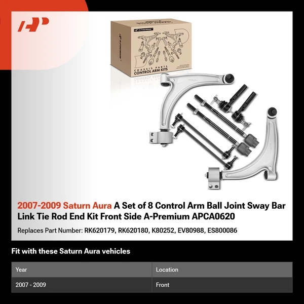 2007-2009 Saturn Aura A Set of 8 Control Arm Ball Joint Sway Bar Link Tie Rod End Kit Front Side A-Premium APCA0620