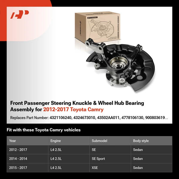 Front Passenger Steering Knuckle & Wheel Hub Bearing Assembly for 2012-2017 Toyota Camry