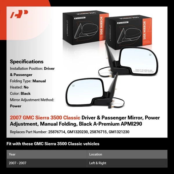2007 GMC Sierra 3500 Classic Driver & Passenger Mirror, Power Adjustment, Manual Folding, Black A-Premium APMI290