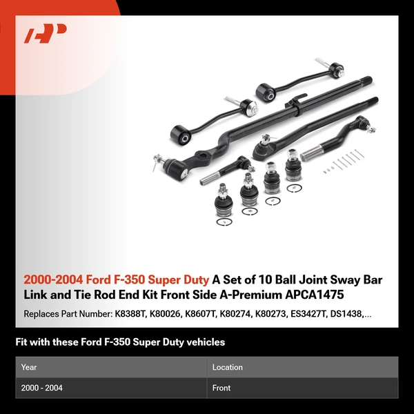 2000-2004 Ford F-350 Super Duty A Set of 10 Ball Joint Sway Bar Link and Tie Rod End Kit Front Side A-Premium APCA1475