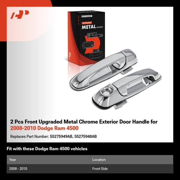 2 Pcs Front Upgraded Metal Chrome Exterior Door Handle for 2008-2010 Dodge Ram 4500