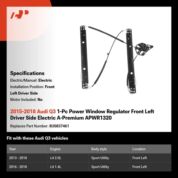 2015-2018 Audi Q3 1-Pc Power Window Regulator Front Left Driver Side Electric A-Premium APWR1320