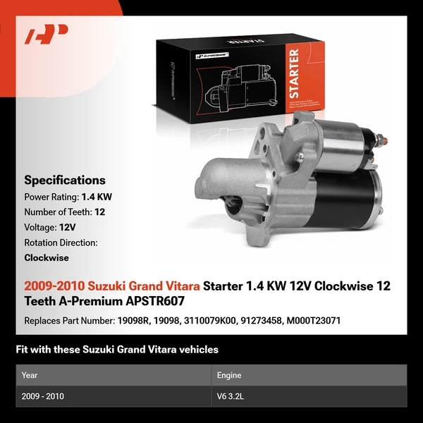 2009-2010 Suzuki Grand Vitara Starter 1.4 KW 12V Clockwise 12 Teeth A-Premium APSTR607